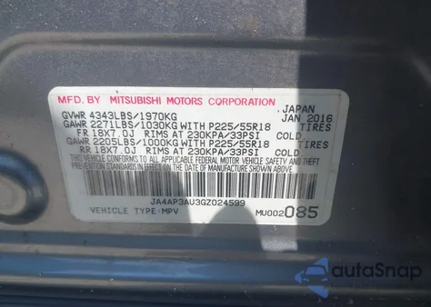 2016 Mitsubishi Outlander Sport 2.0 Es z USA, uszkodzony, nr VIN JA4AP3AU3GZ024599